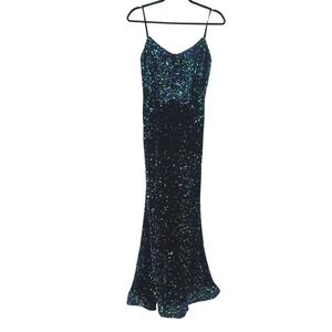 Y2K Emerald Sequin Mermaid Gown 8 Black Green Iridescent Formal Glam Evening